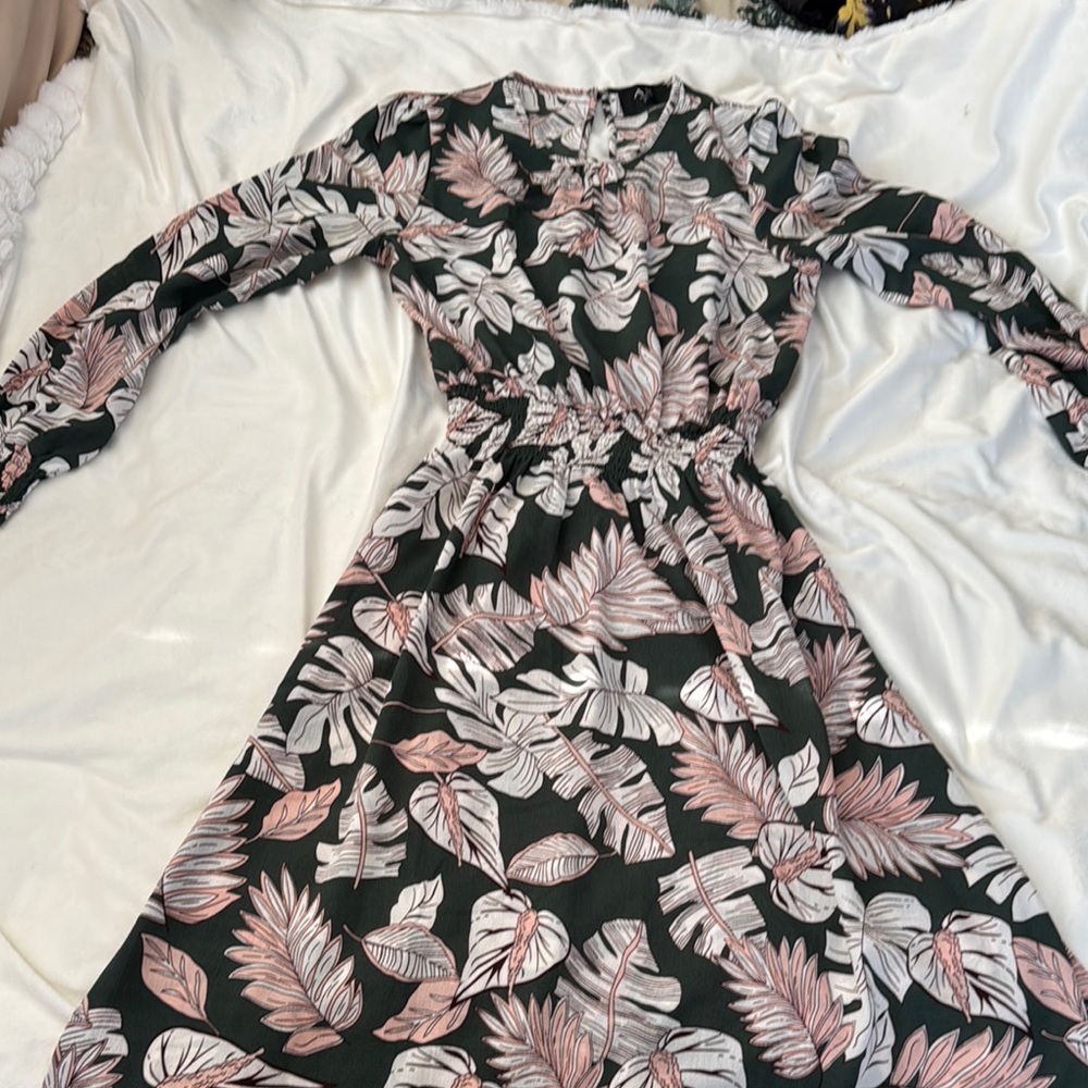 Floral Long Sleeve Dress - Green and Pink